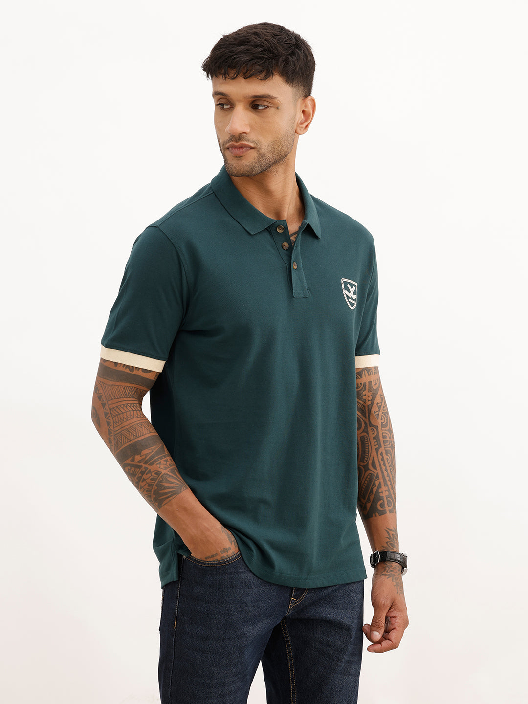Regular Fit Contrast Sleeve Polo T-Shirt | Teal