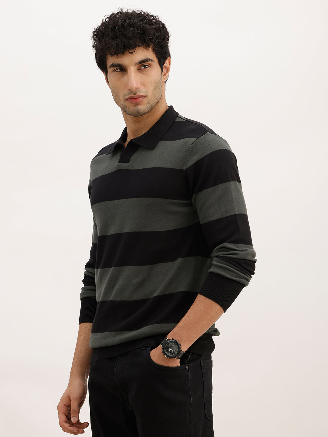 Slim Fit Striped Full Sleeve Polo T-Shirt | Black
