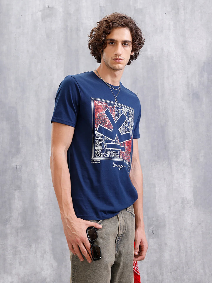 Bandana Logo Printed Slim Fit T-Shirt  | Navy Blue