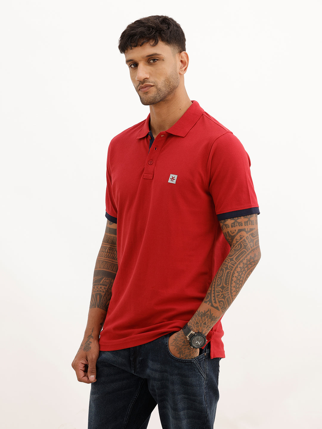 Regular Fit Contrast Sleeve Polo T-Shirt | Red