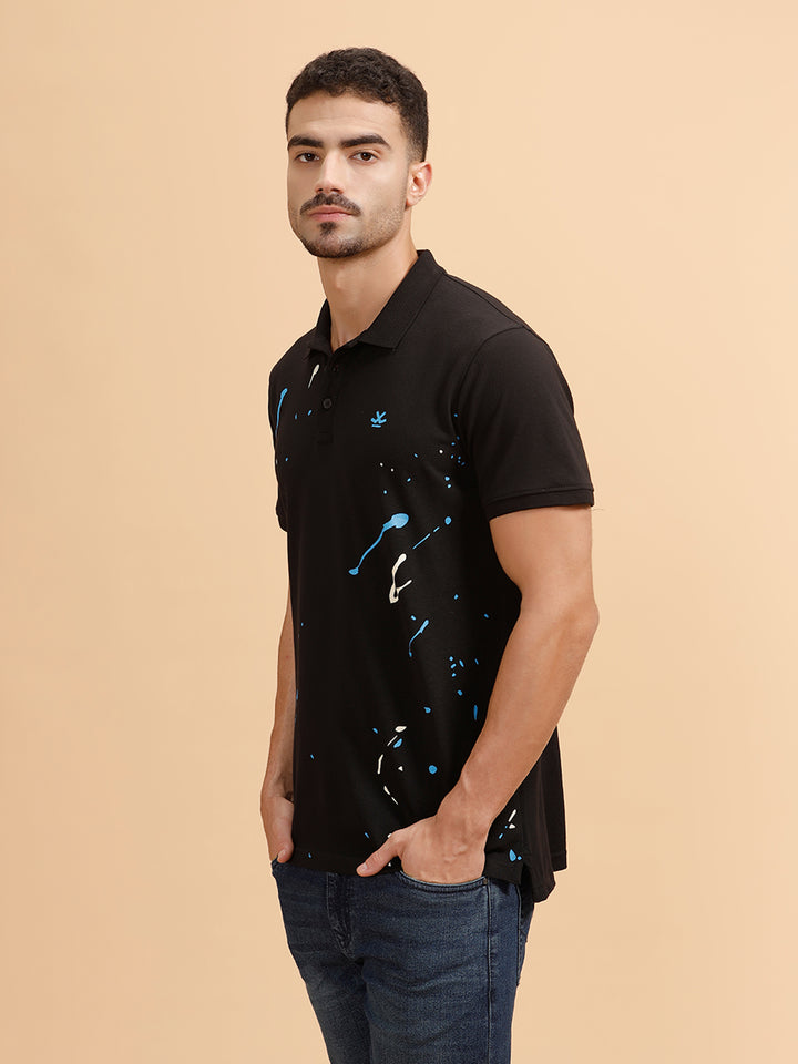 Paint Splatter Printed Polo T-Shirt | Black