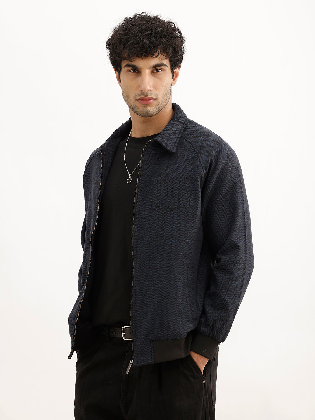 Classic Regular Fit Herringbone Brushed Jacket | Navy Blue