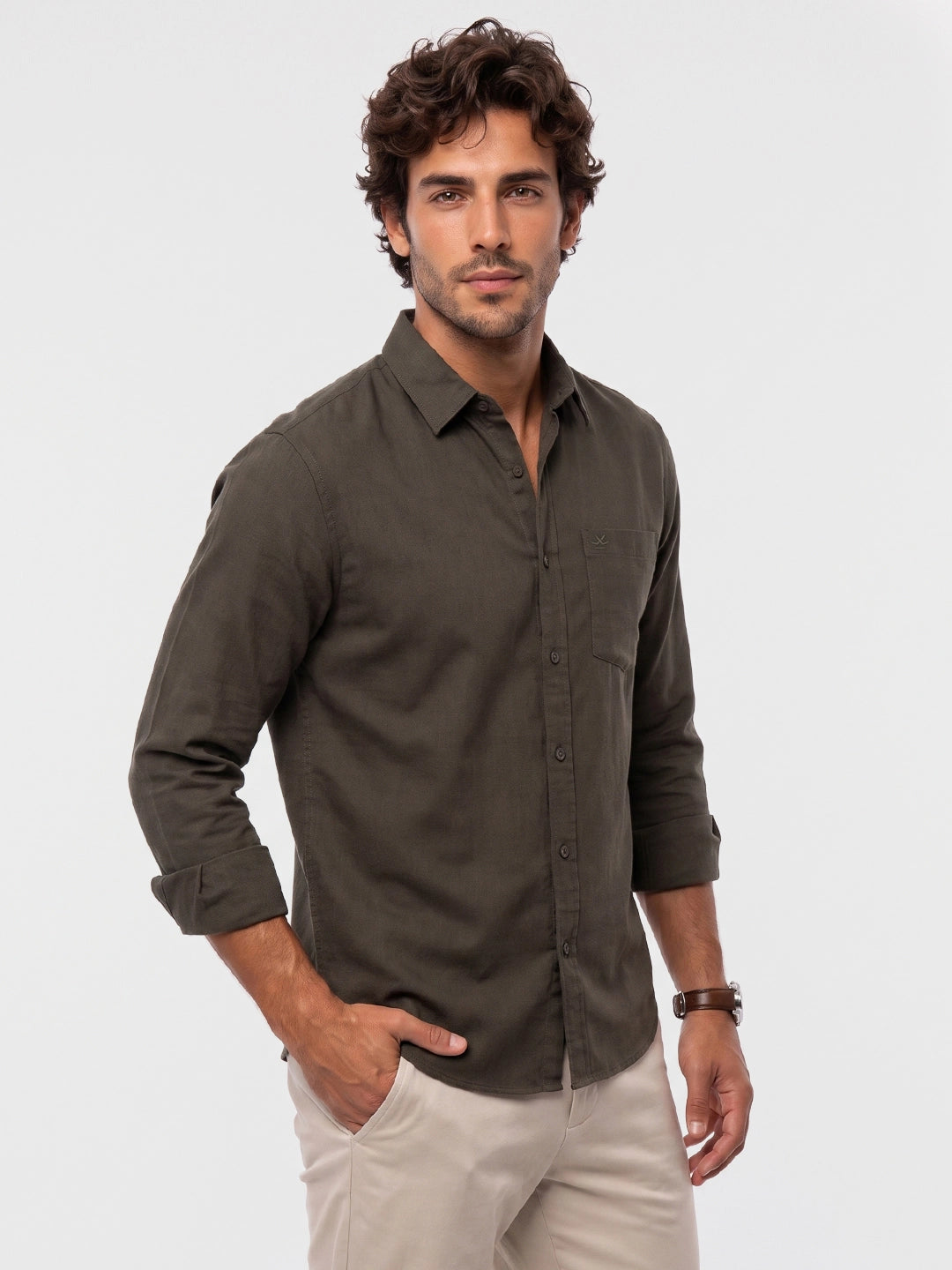 Textured Comfort Print Full Sleeve Shirt | Olive | WUSH2850F