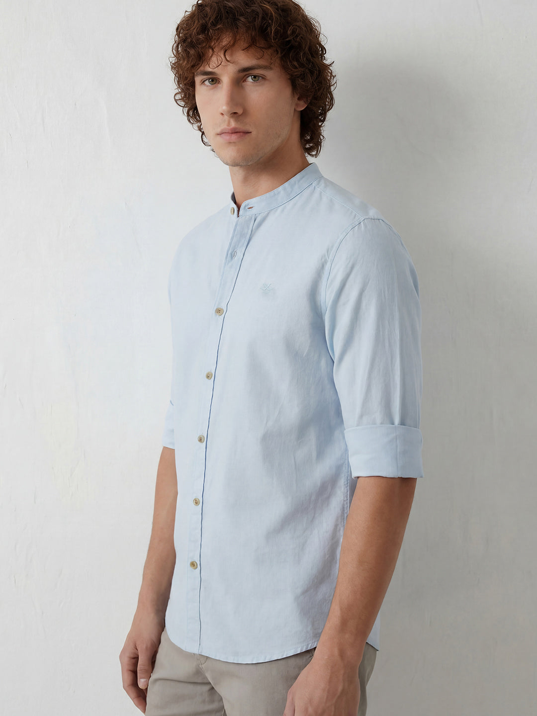 Slim Fit Mandrin Collar Shirt | Light Blue