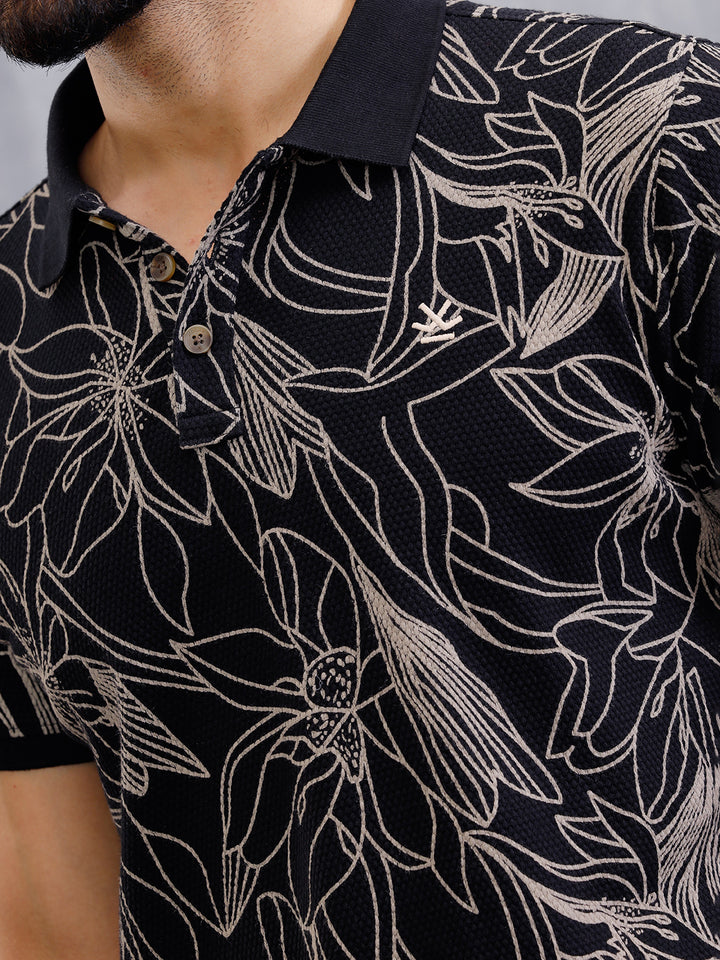 Floral Abstract Aop Polo T-Shirt | Black