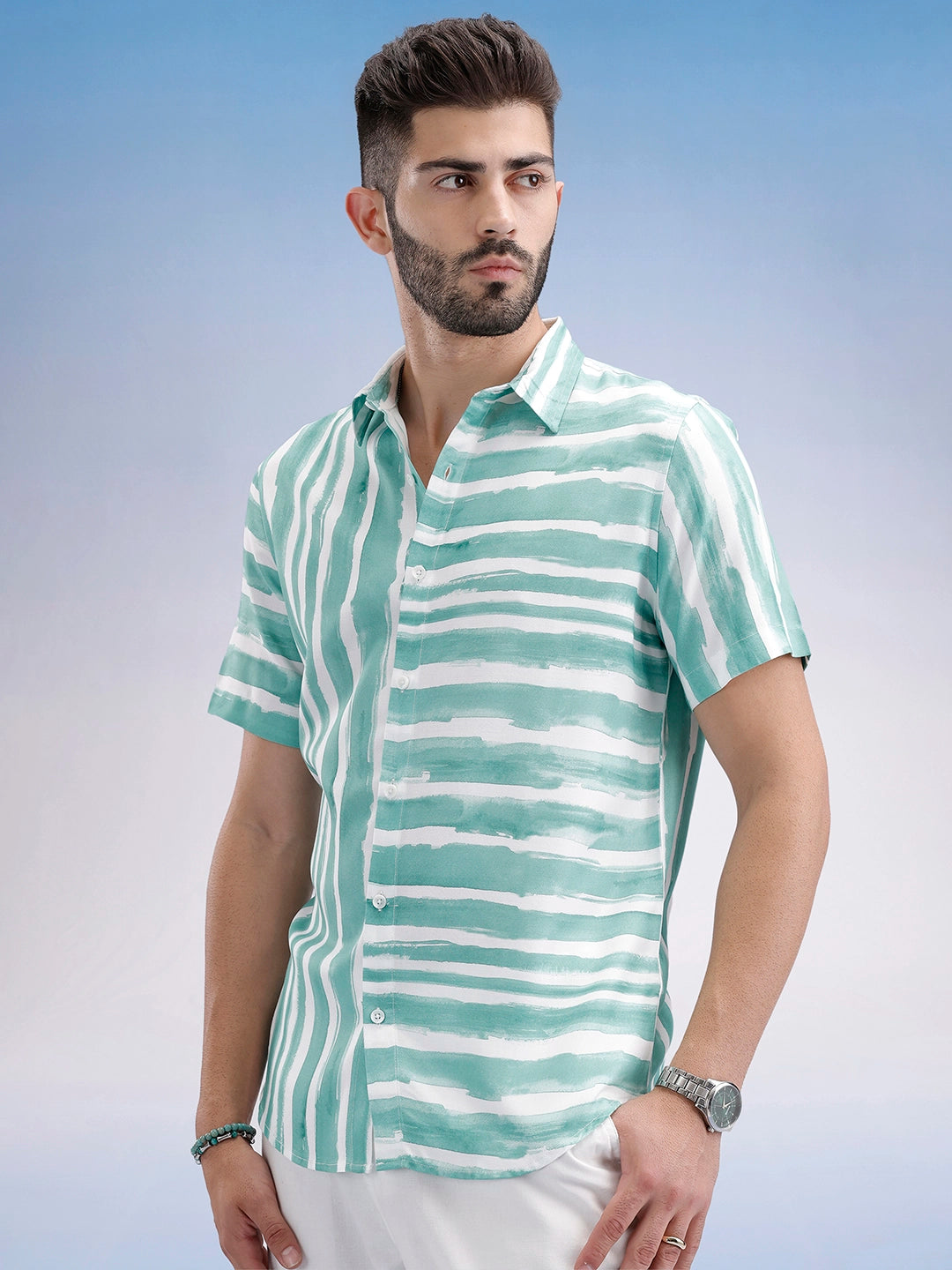 Slim Fit Striped Half Sleeve Shirt | Green