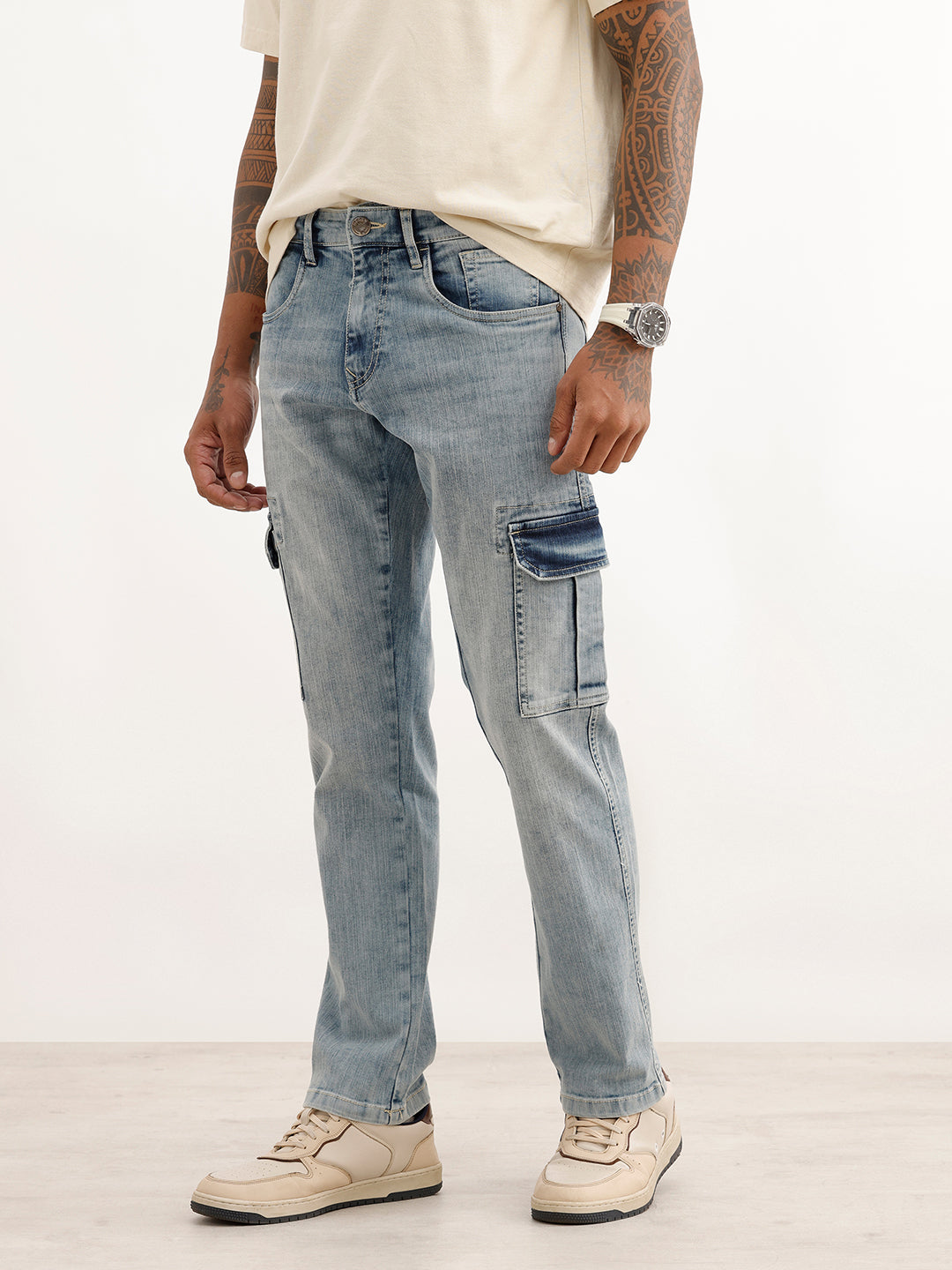 Textured Straight Fit Denim Cargo | Light Blue