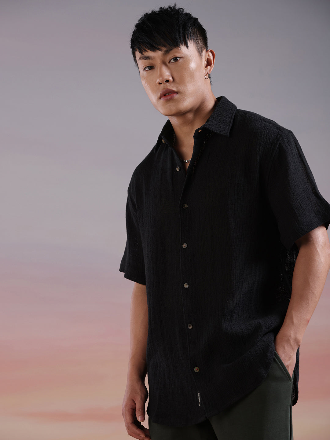 Textured Half Sleeve Black Shirt