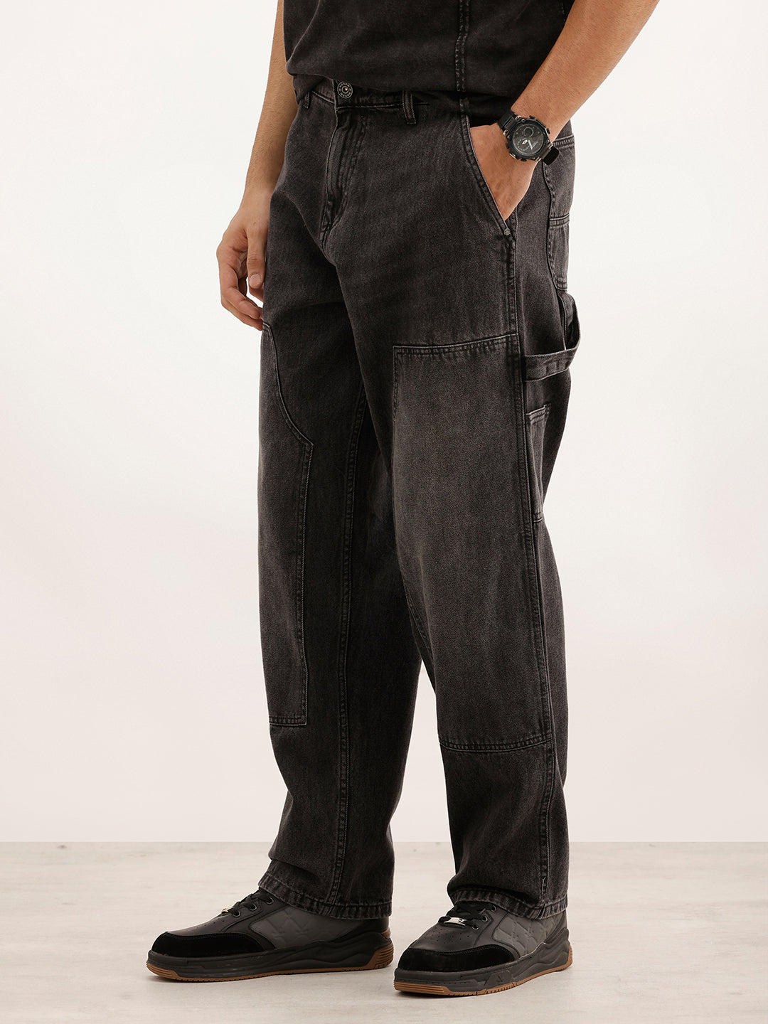 Classic Washed Loose Fit Carpenter Denim Jeans | Black