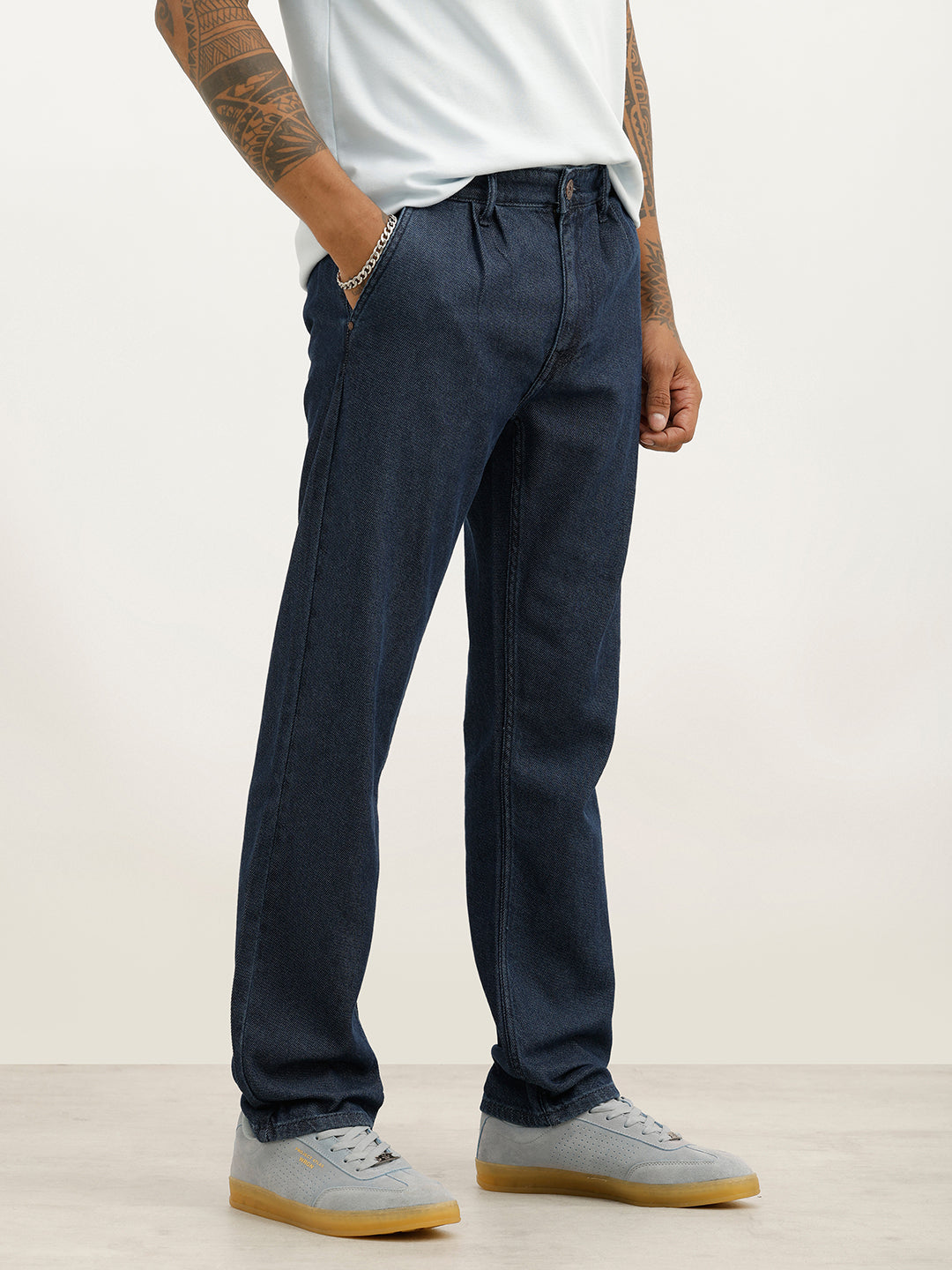 Solid Anti Fit Pleated Denim Jeans | Dark Blue