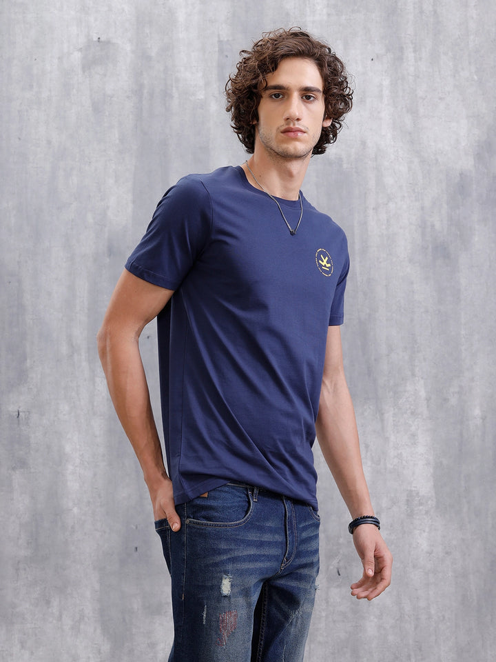 Placement Printed Slim Fit T-Shirt  | Navy Blue