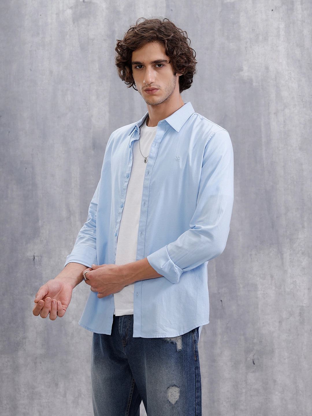 Cotton Dobby Slim Fit Shirt | Light Blue