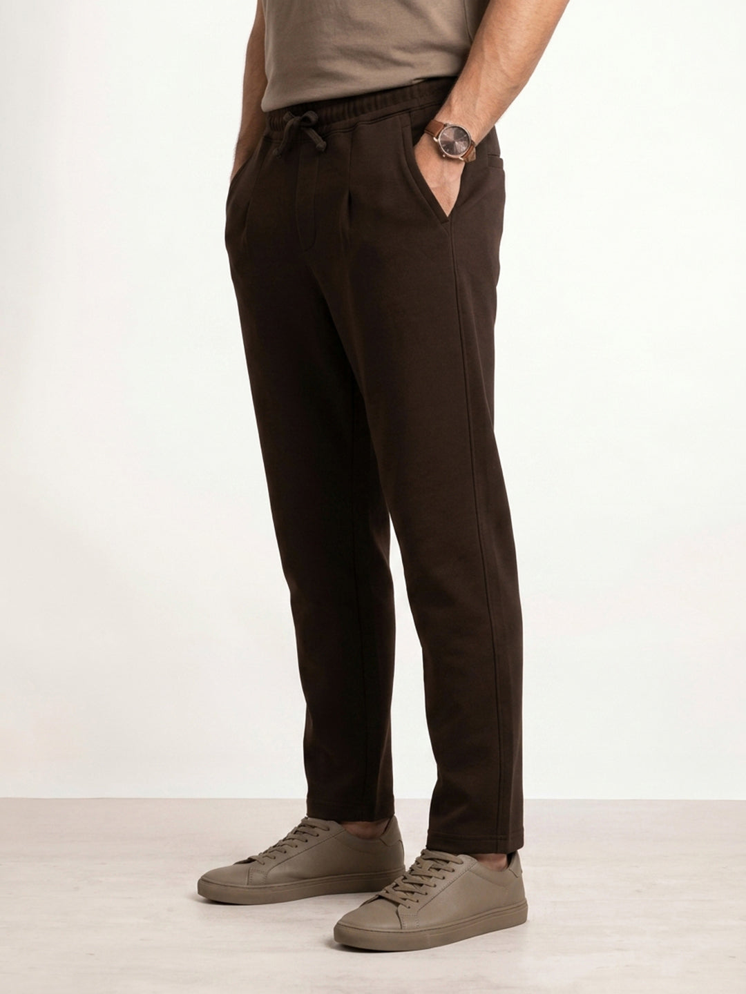 Solid Loose Fit Pleated Jogger | Brown