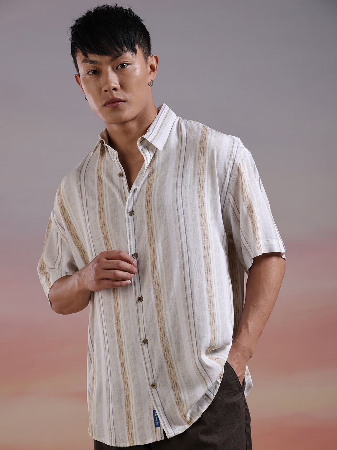 Sleek Stripes Half Sleeve Brown Shirt