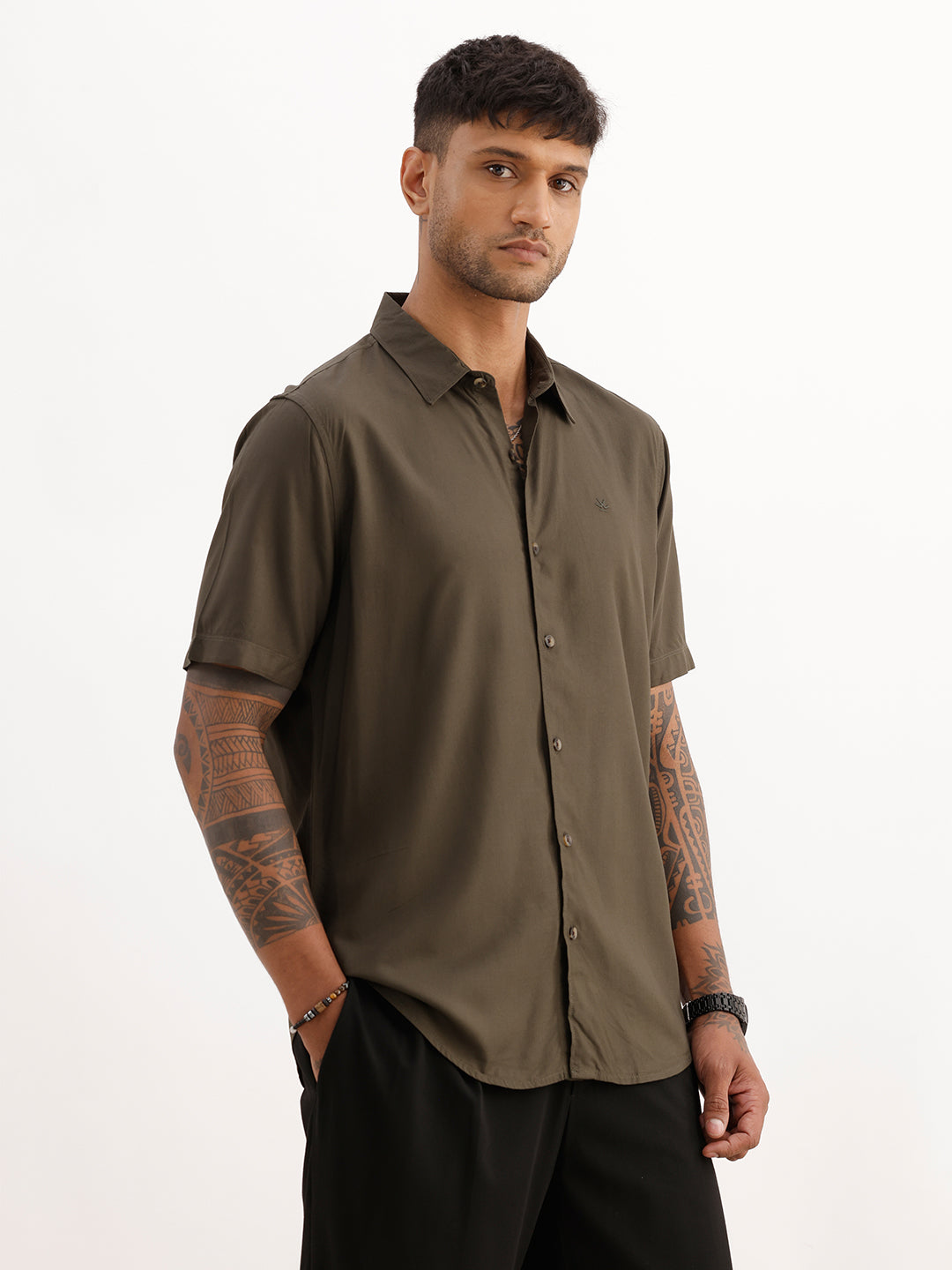 Solid Slim Fit Half Sleeve Shirt | Olive