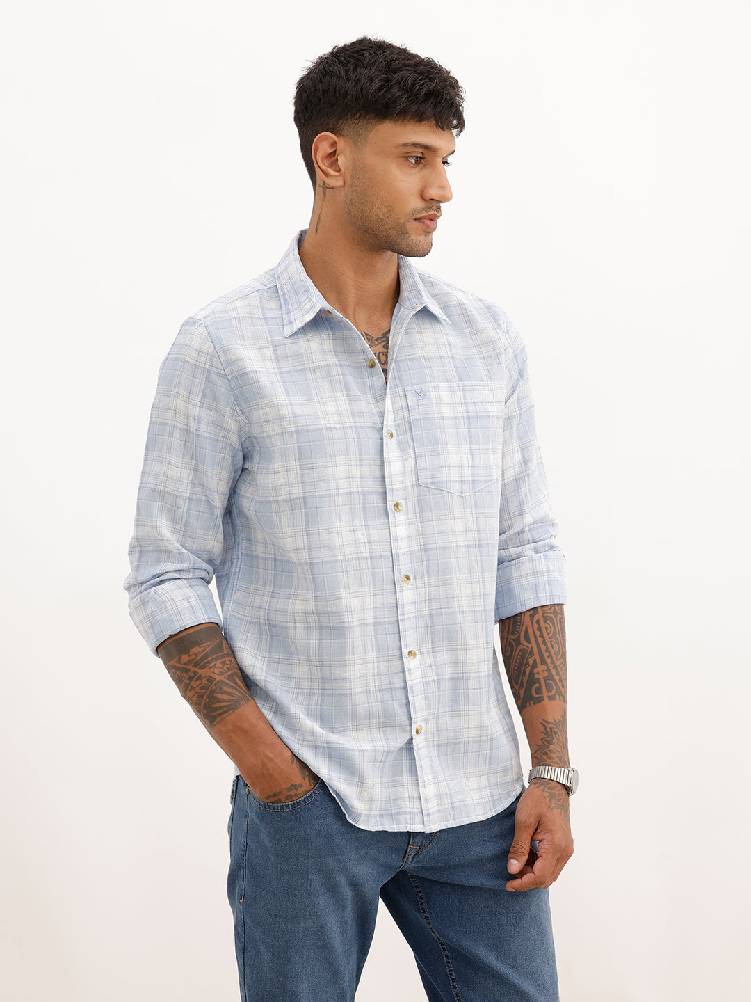 Regular Fit Checkered Full Sleeve Shirt | Light Blue | WWSH9091F