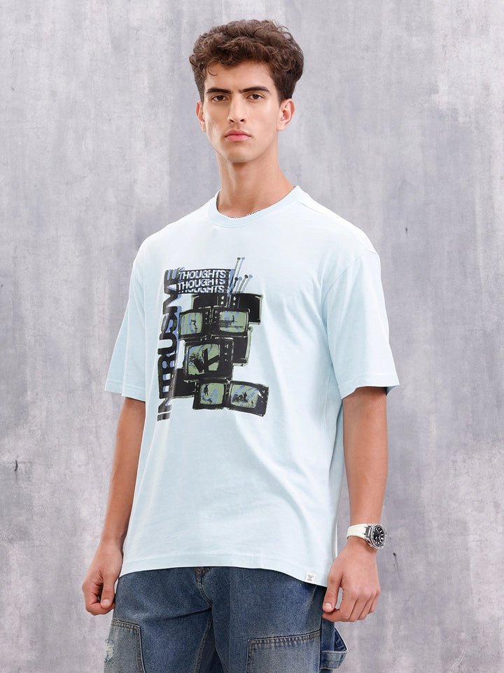 Retro Tv Graphic Printed Oversized Fit Tshirt | Light Blue