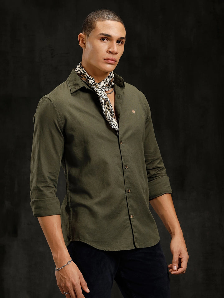 Solid Linen Blend Shirt | Olive