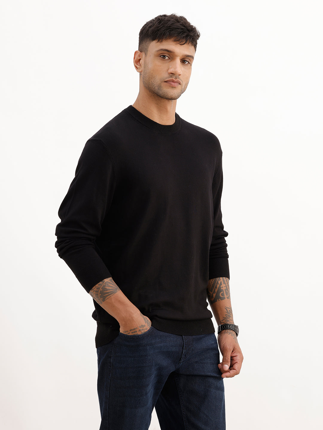 Solid Comfort Fit Full Sleeve Sweater | Black