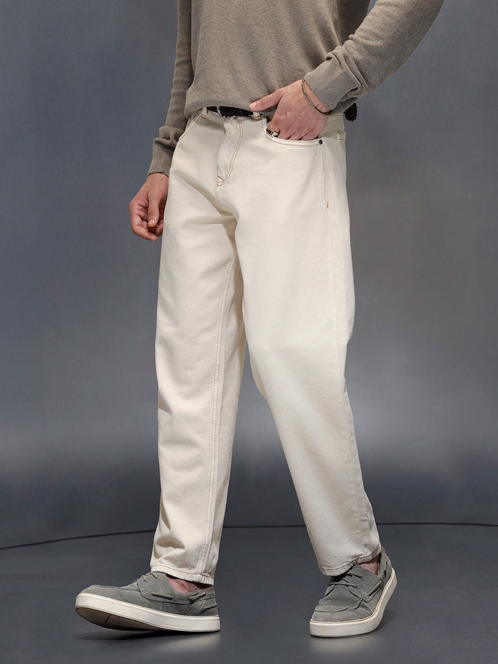 Wrogn Men's Casual Loose Fit Jeans with Contrast Stitch Detail | Khaki