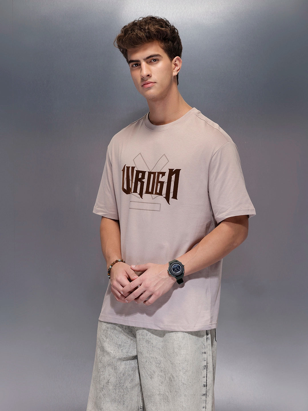 Classic Flock Printed Crew Neck T-Shirt  | Beige