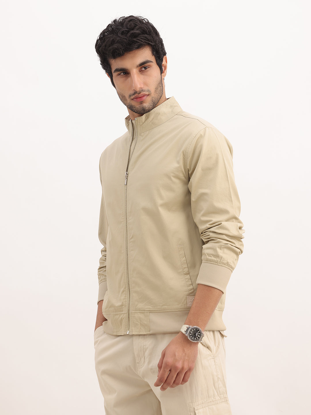 Solid Regular Fit Zipper Jacket | Beige