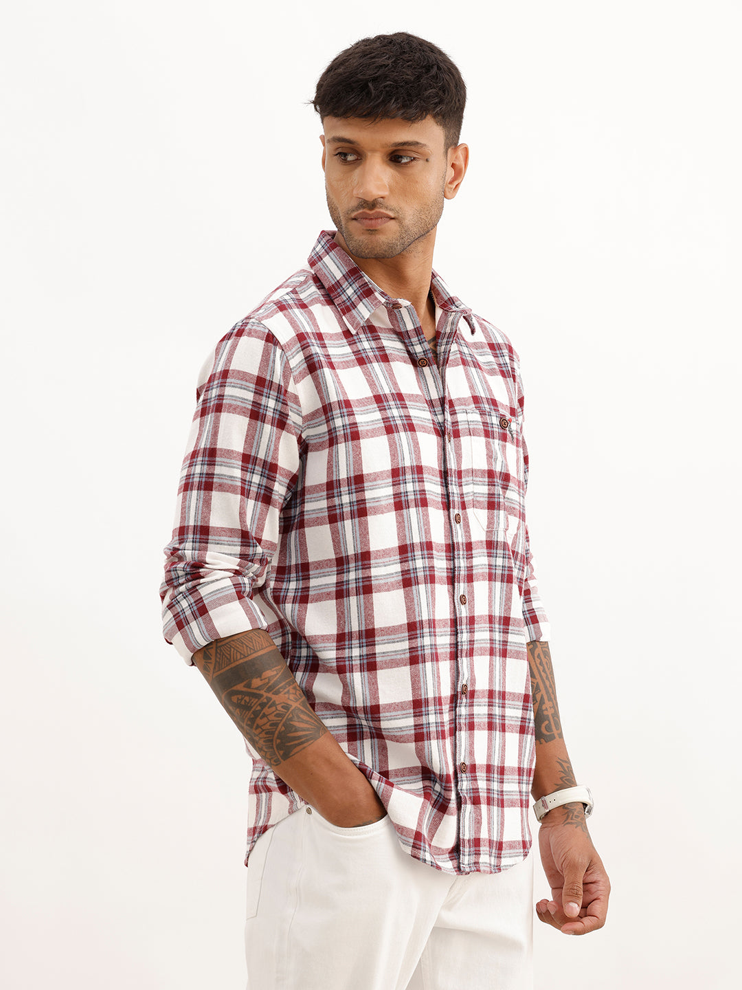 Slim Fit Embroidered Detail Checkered Shirt | Red