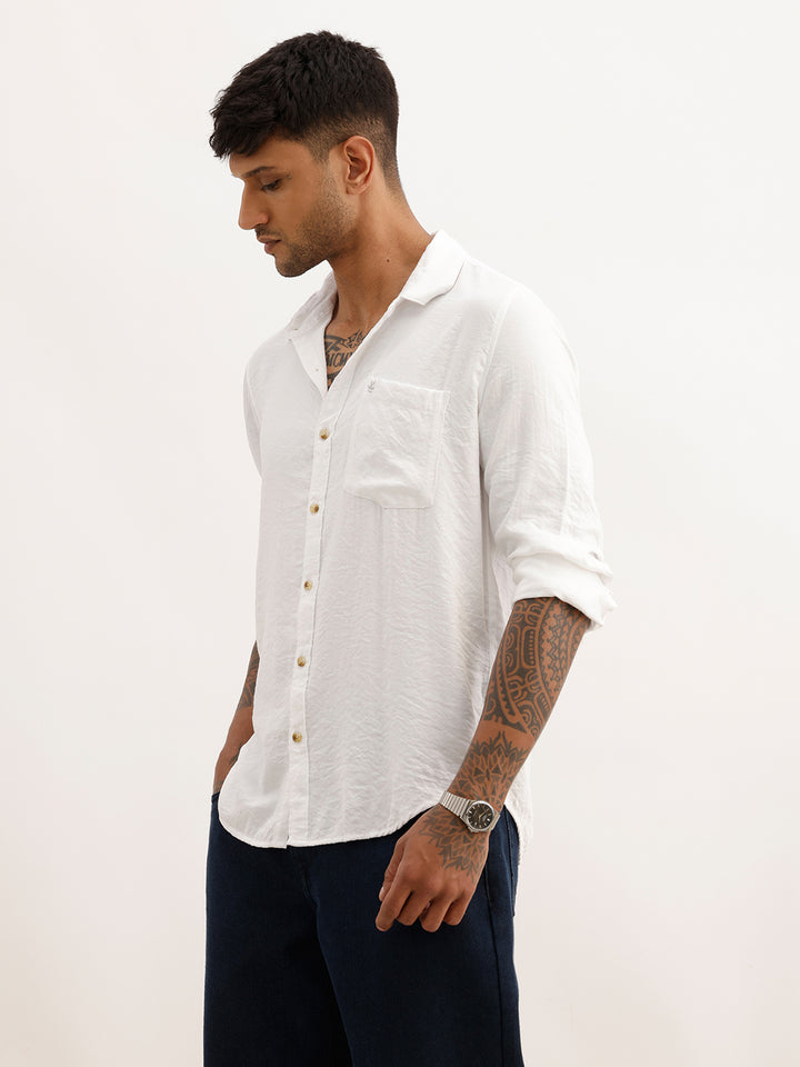 Solid Textured Regular Fit Full Sleeve Shirt | White