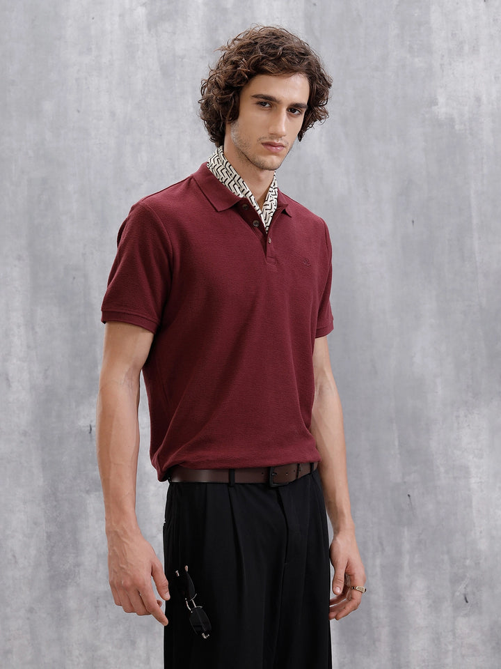 Solid Crinkle Texture Polo T-Shirt | Maroon