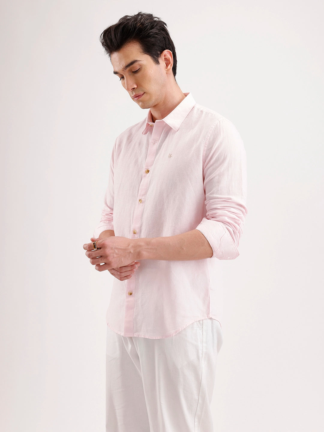 Solid Slim Fit Linen Blend Shirt | Pink