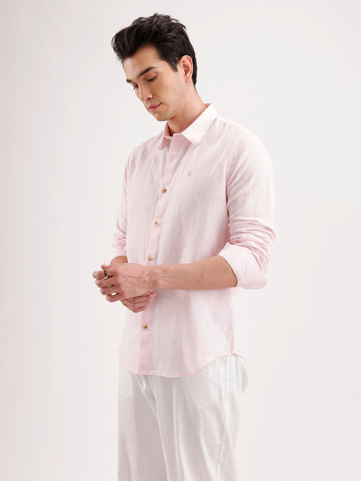 Solid Slim Fit Linen Blend Shirt  | Pink