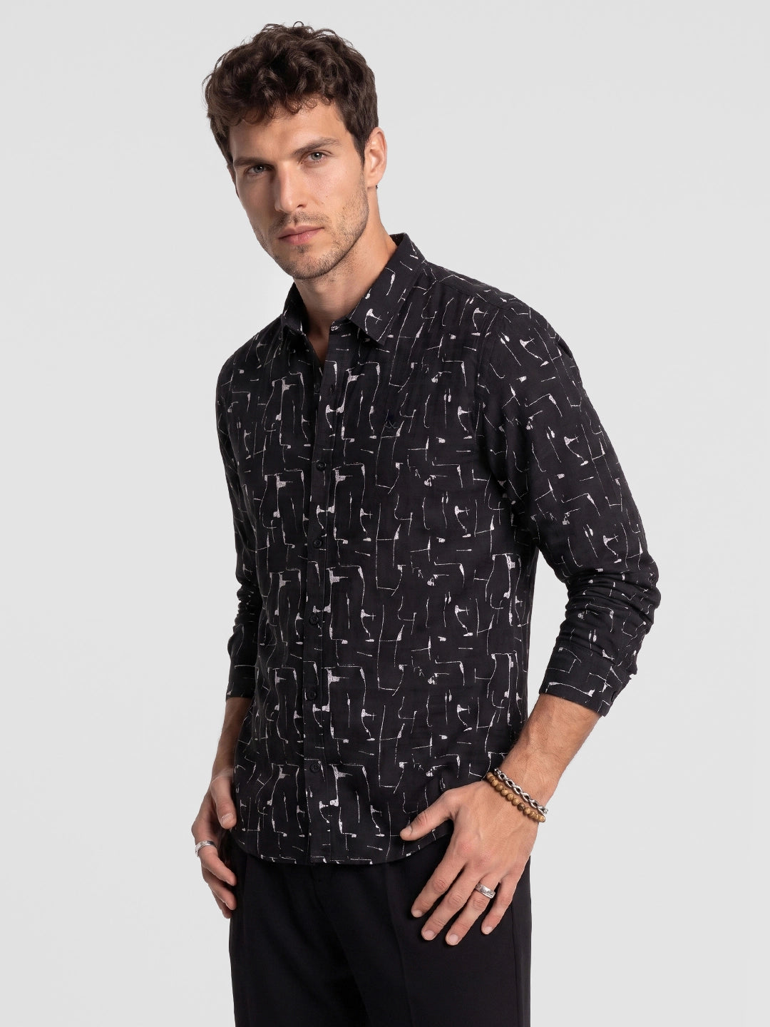 Regular Fit AOP Full Sleeve Shirt | Black
