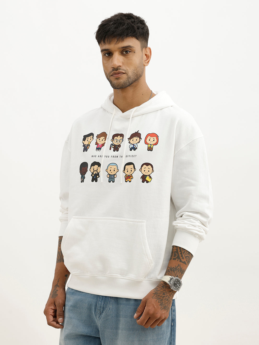 Oversized 'The Office' Inspired Printed Hooded Sweatshirt | Grey