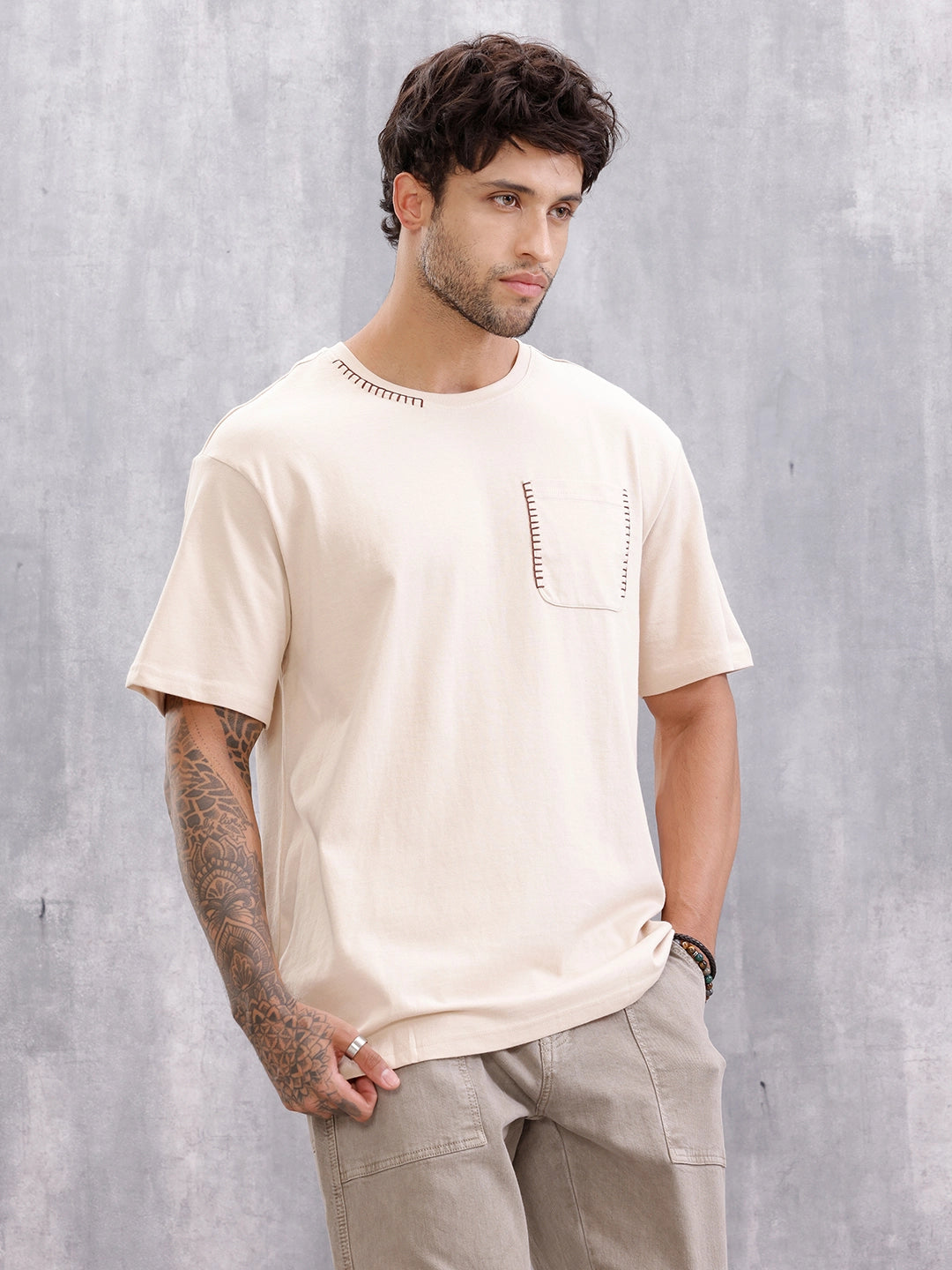 Oversized Fit T-Shirt With Thread Detail And Patch Pocket | Beige