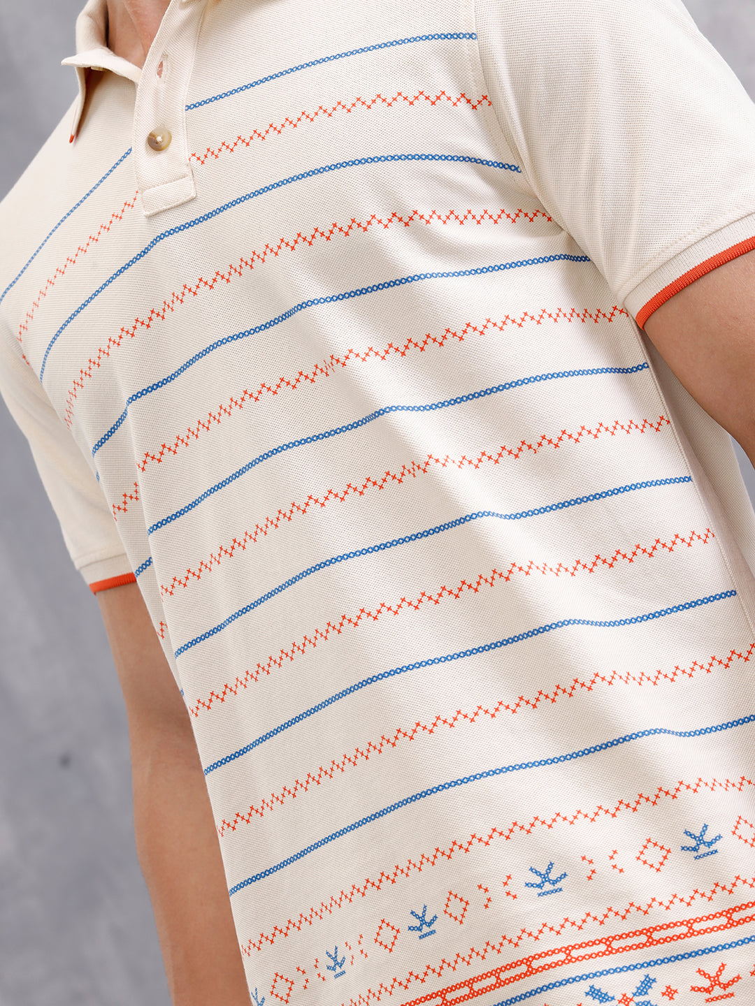 Embroidered Look Engineered Aop Polo T-Shirt  | Beige