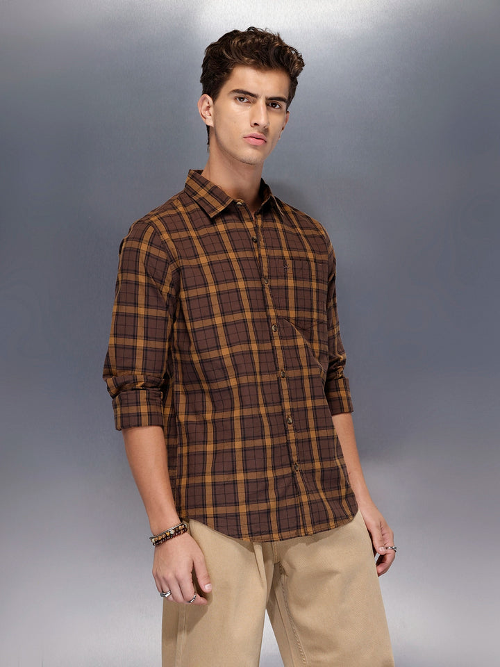 Men’s brown flannel-style check shirt | Khaki