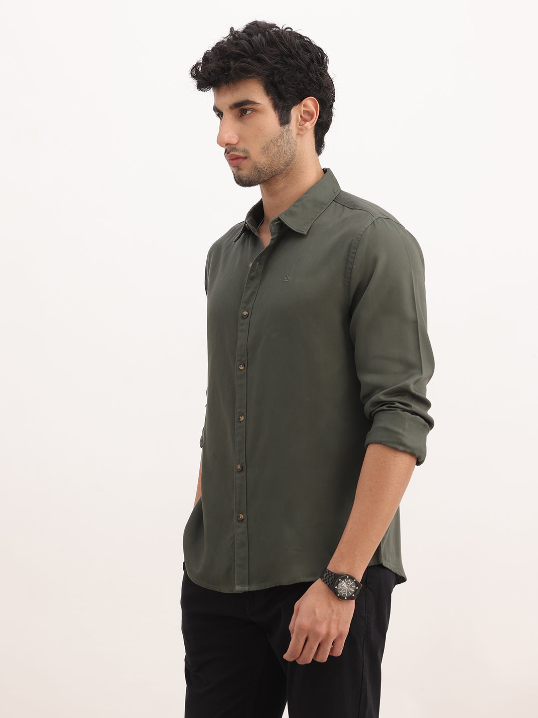 Solid Slim Fit 100% Tencel Shirt | Olive