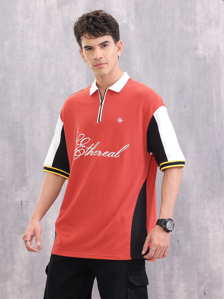 Retro Inspired Color Block Front Zip Polo I Rust
