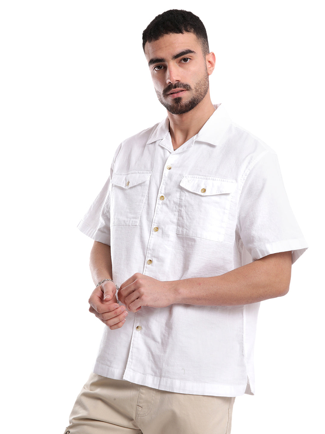 Classic White Resort Collar Double Pocket Shirt