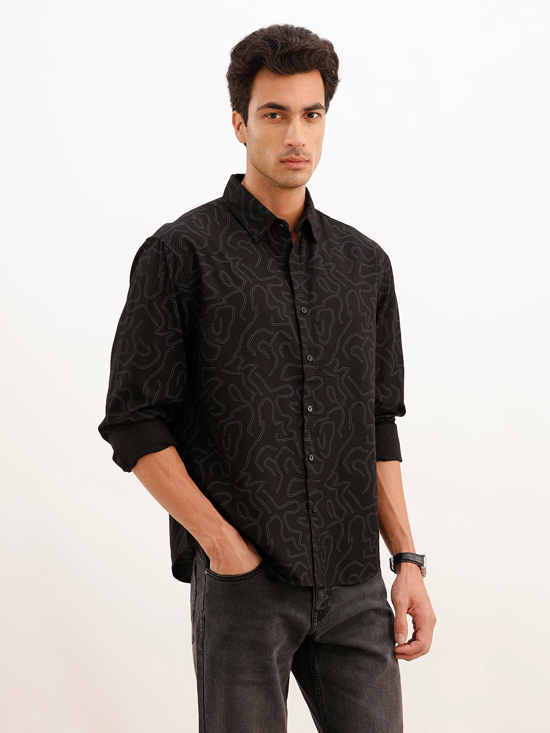 Comfort Fit Full Sleeve AOP Shirt | Black