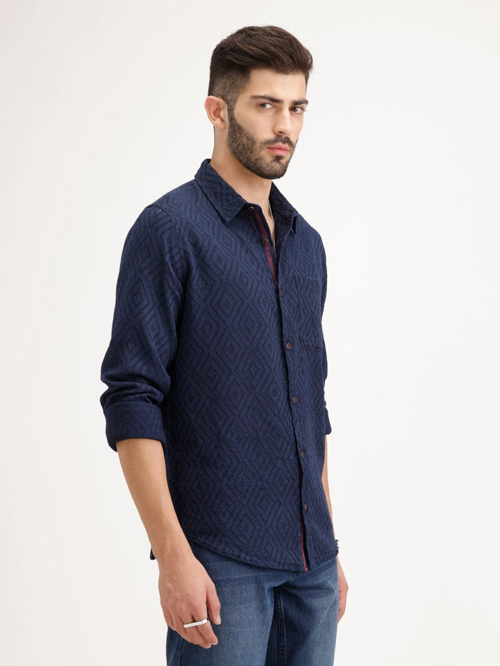 Textured Slim Fit Full Sleeve Shirt | Navy Blue