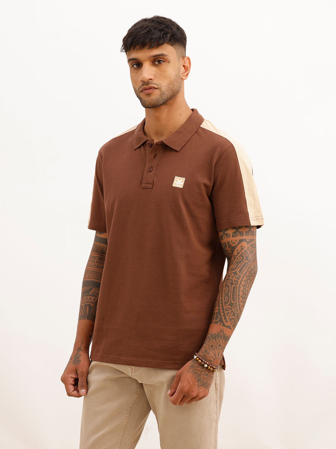 Regular Fit Contrast Sleeve Polo T-Shirt | Brown