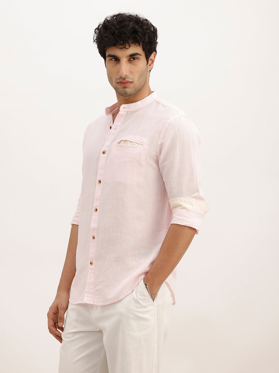 Solid Slim Fit Mandrin Collar Shirt | Pink