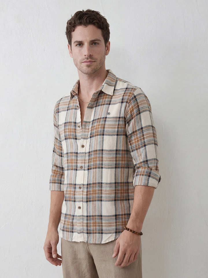 Classic Slim Fit Checkered Shirt | Beige