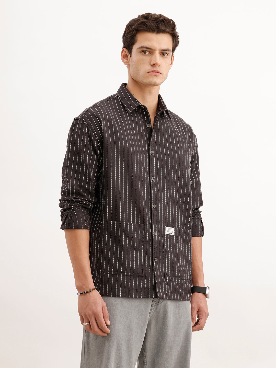 Oversized Fit Striped Double Pocket Shirt  | Black