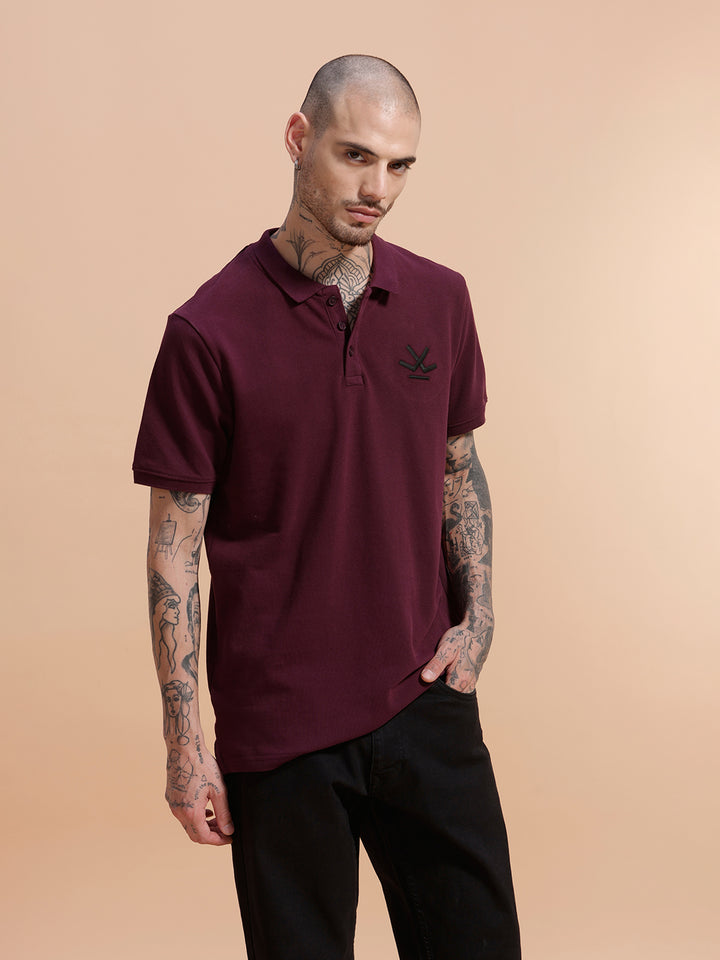 Embroidered Logo Slim Fit Polo T-Shirt | Wine