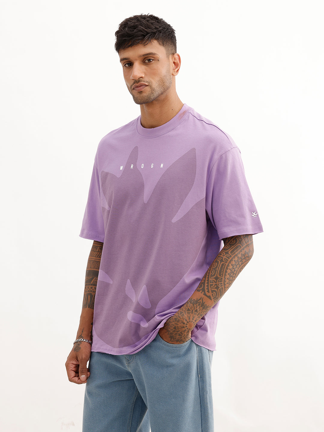 Oversized Placement Printed Raw Edge T-Shirt | Purple