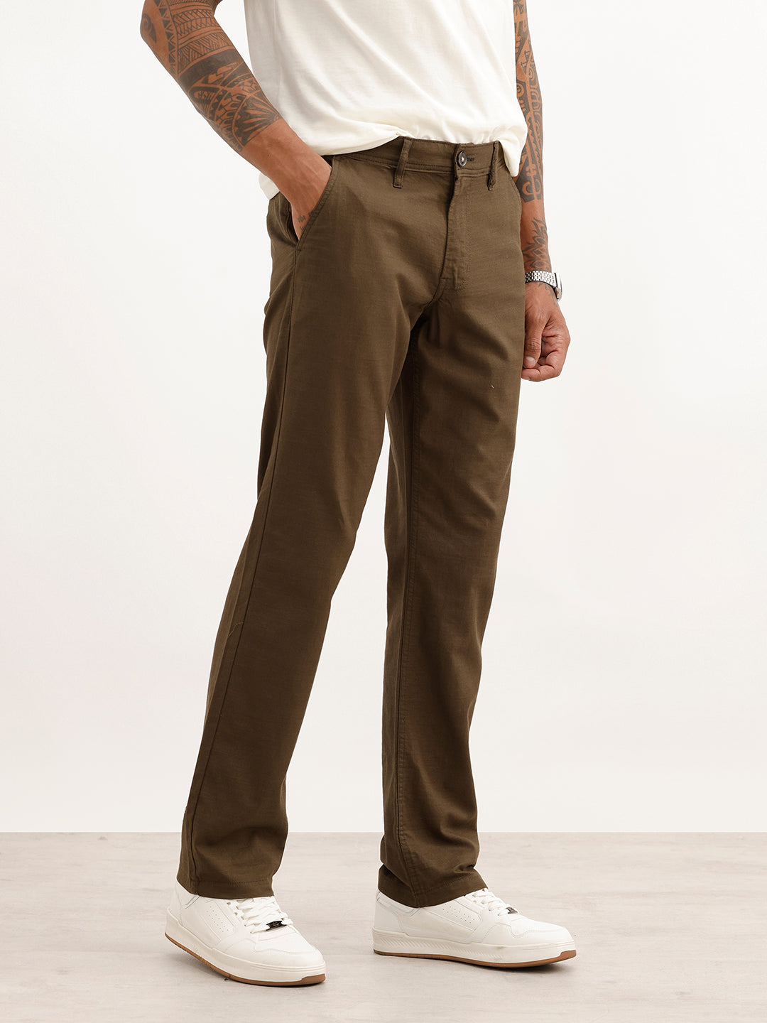 Solid Straight Fit Cotton Trousers | Olive