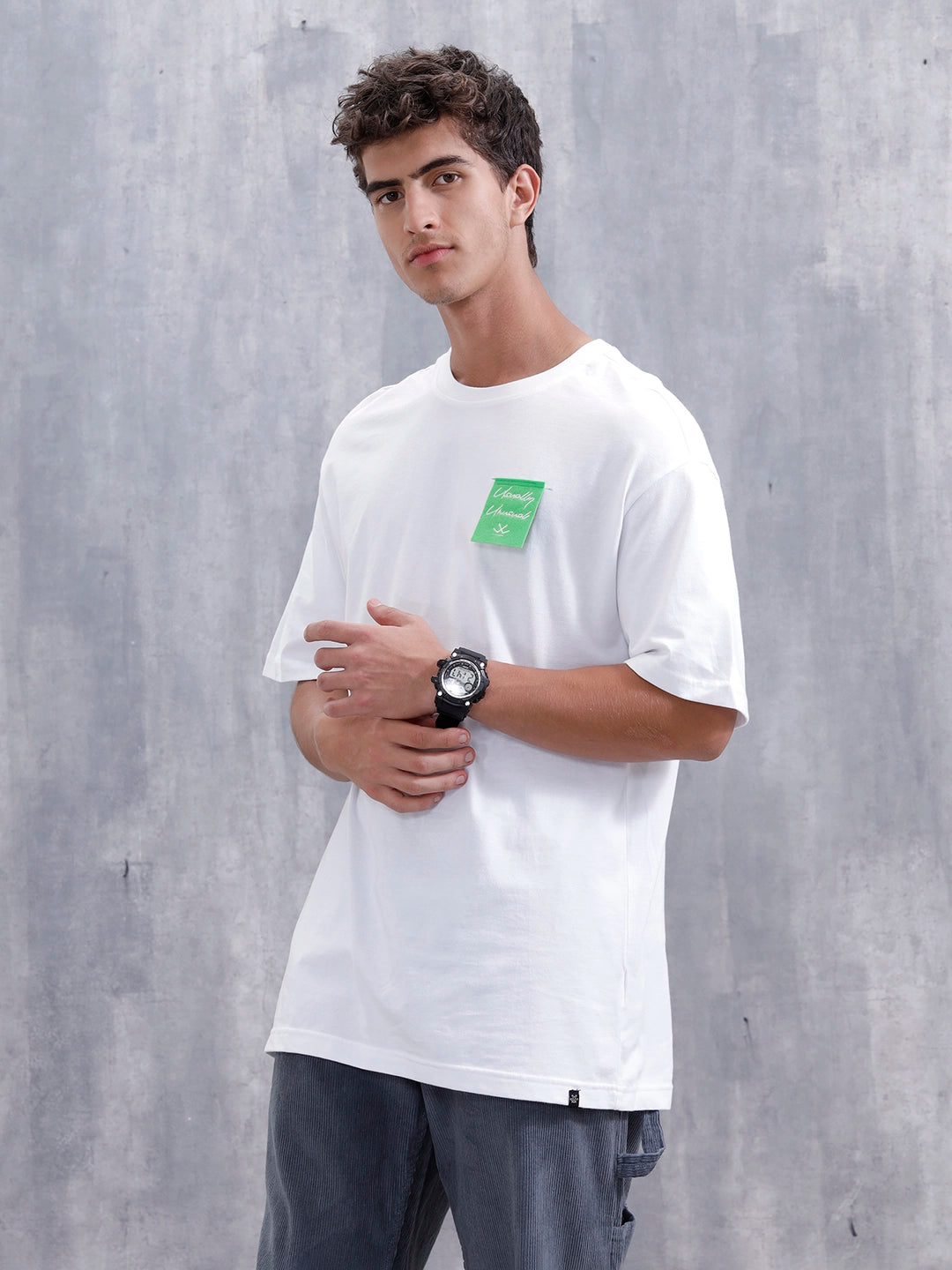 Men’s Casual Oevrsized Fit T-Shirt With Fe Patch | White
