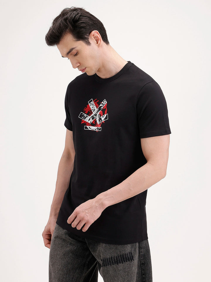 Slim Fit Foil Printed T-Shirt | Black